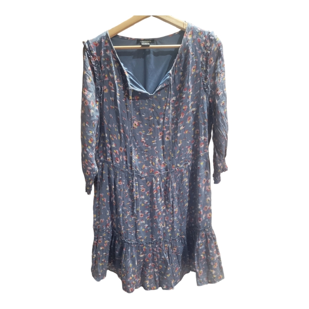 New Robert Louis‎ Dress Womens Large Elastic Sleeve Lined Tiered Blue Abstract